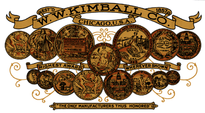 Kimball pianos, as part of their incredible marketing campaign, displayed a large collection of early medals and awards on later day pianos.